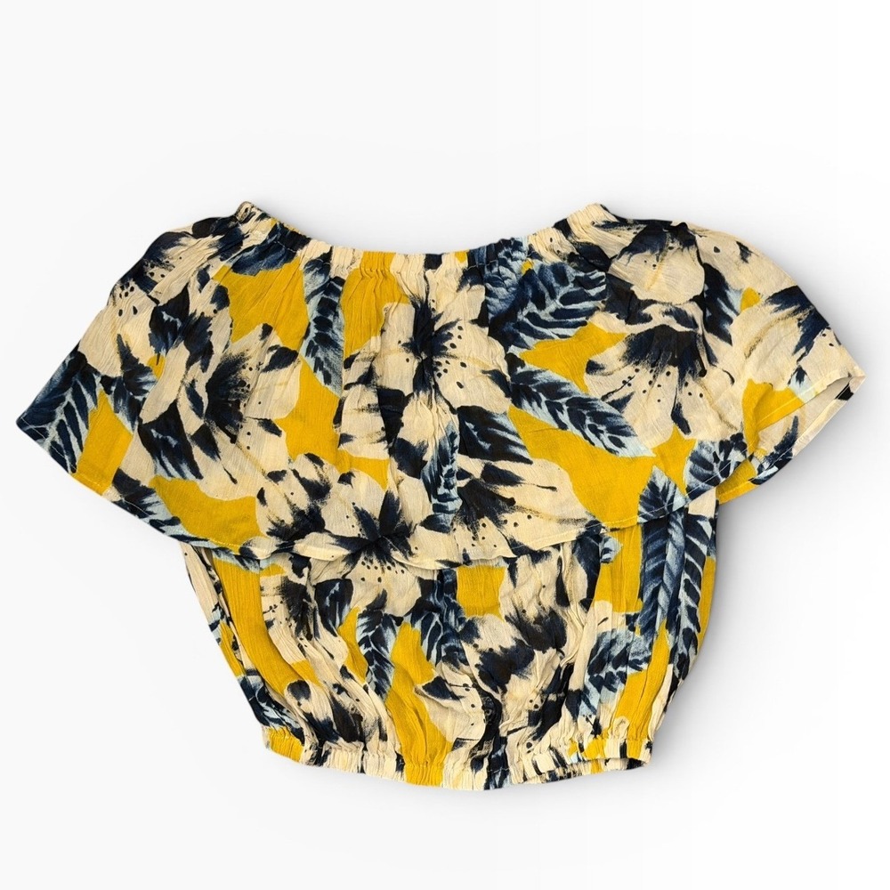 NWT Raga Yellow Blue Tropical Floral Off Shoulder‎ Ruffle Crop Top Small SAMPLE
